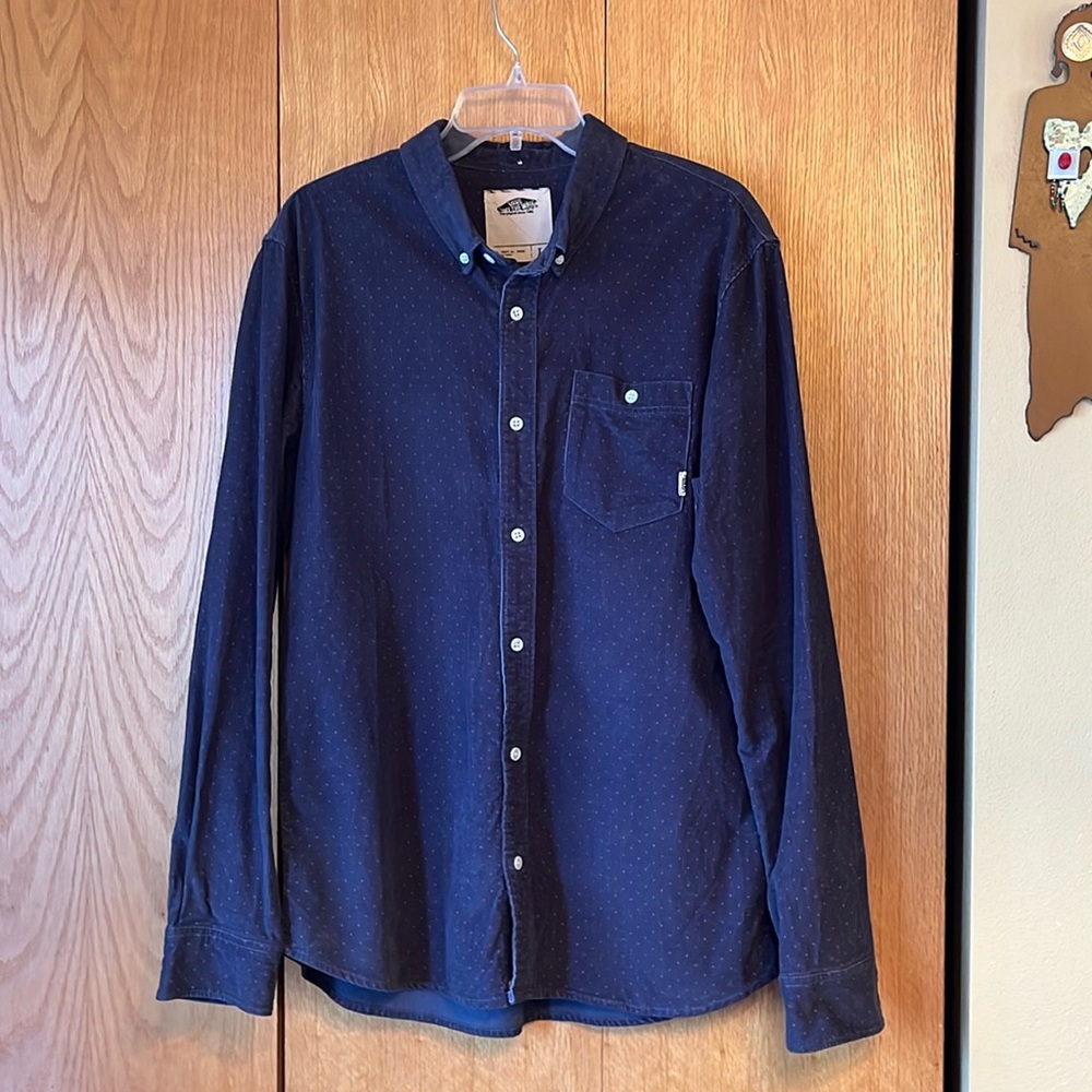 Vans off the wall navy blue purple pin dot LS corduroy button down shirt EUC